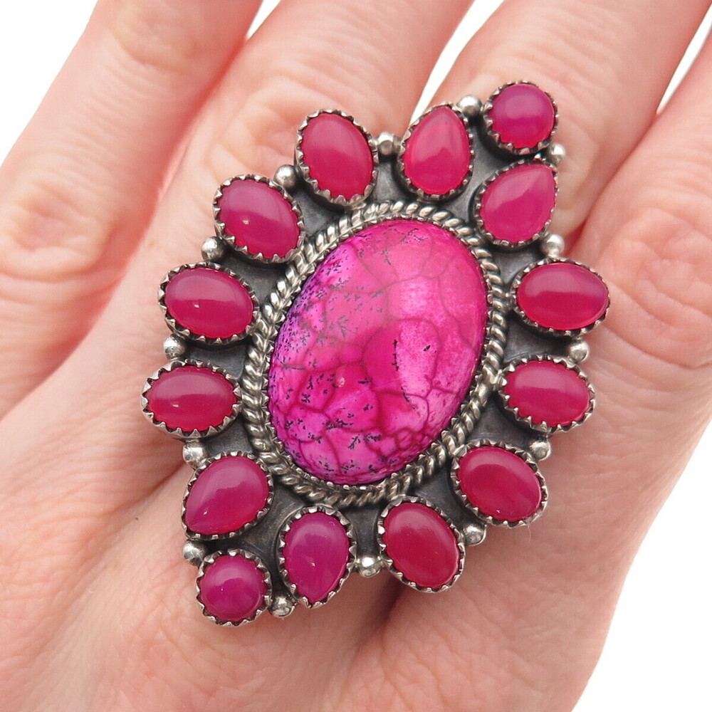 925 Sterling Vintage Pink Turquoise & Onyx Statement Adjustable Ring Size 8.75